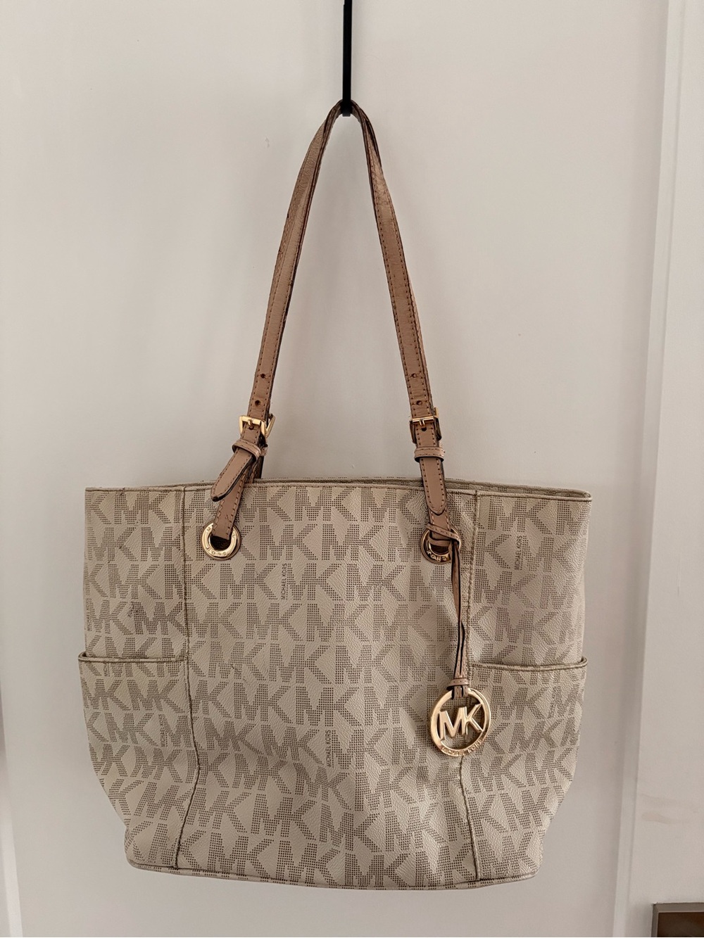 Michael Kors Taupe MK Monogram Tote with Gold Charm